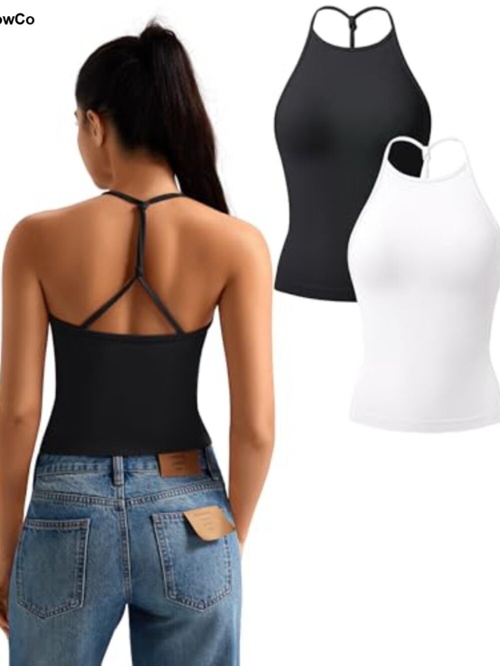 Women's Seamless Ribbed Crop Tank Tops 2 Piece High Neck Racerback Workout